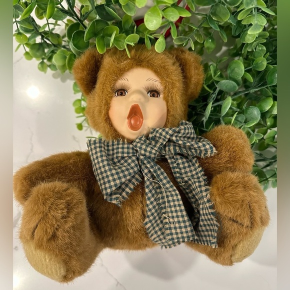 Vintage Oriental  Trading Company Plush Porcelain Baby Doll Bear 9" Surprise Bow - Picture 7 of 8